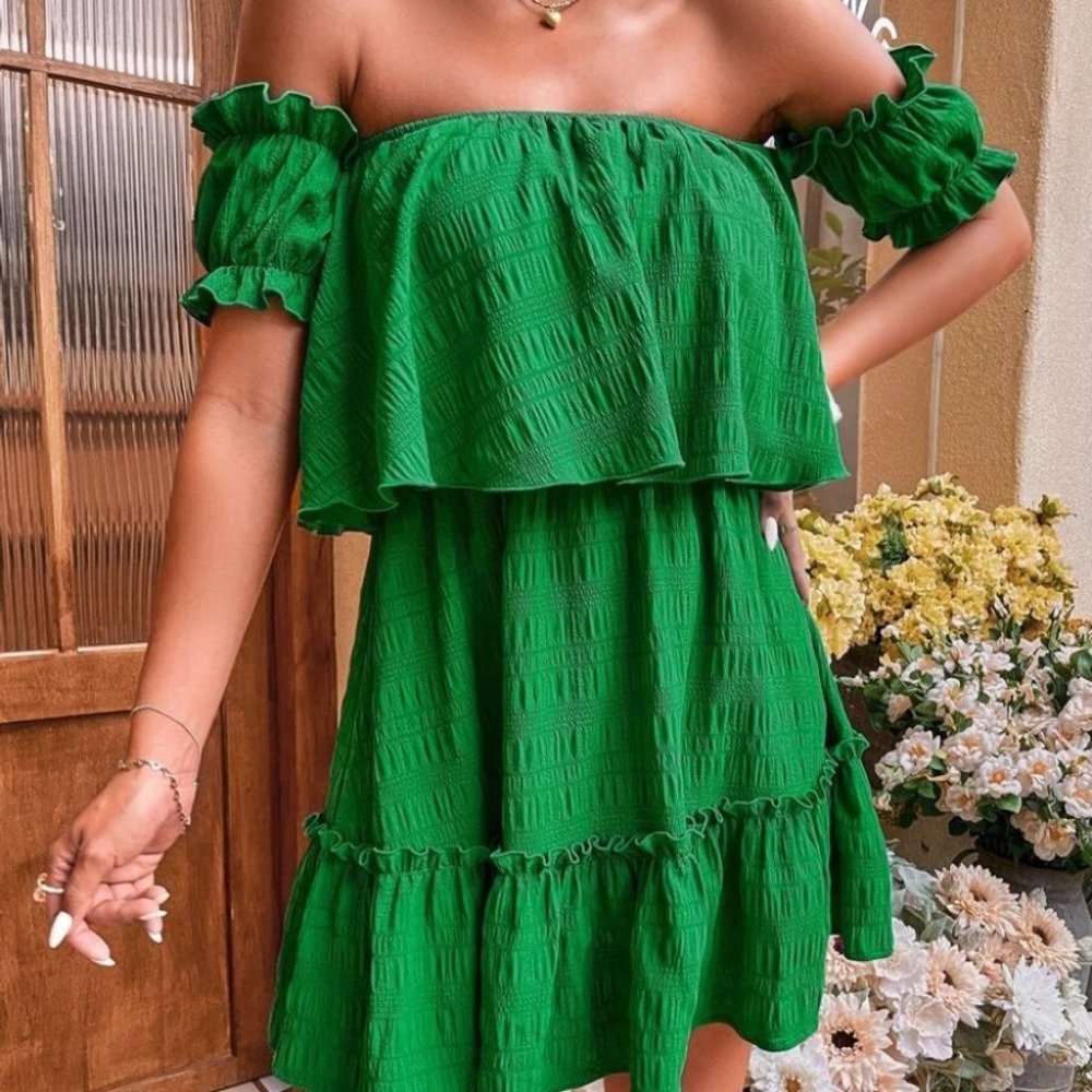 Boho Green  Off Shoulder Ruffle Hem Mini Dress - Picture 4 of 7